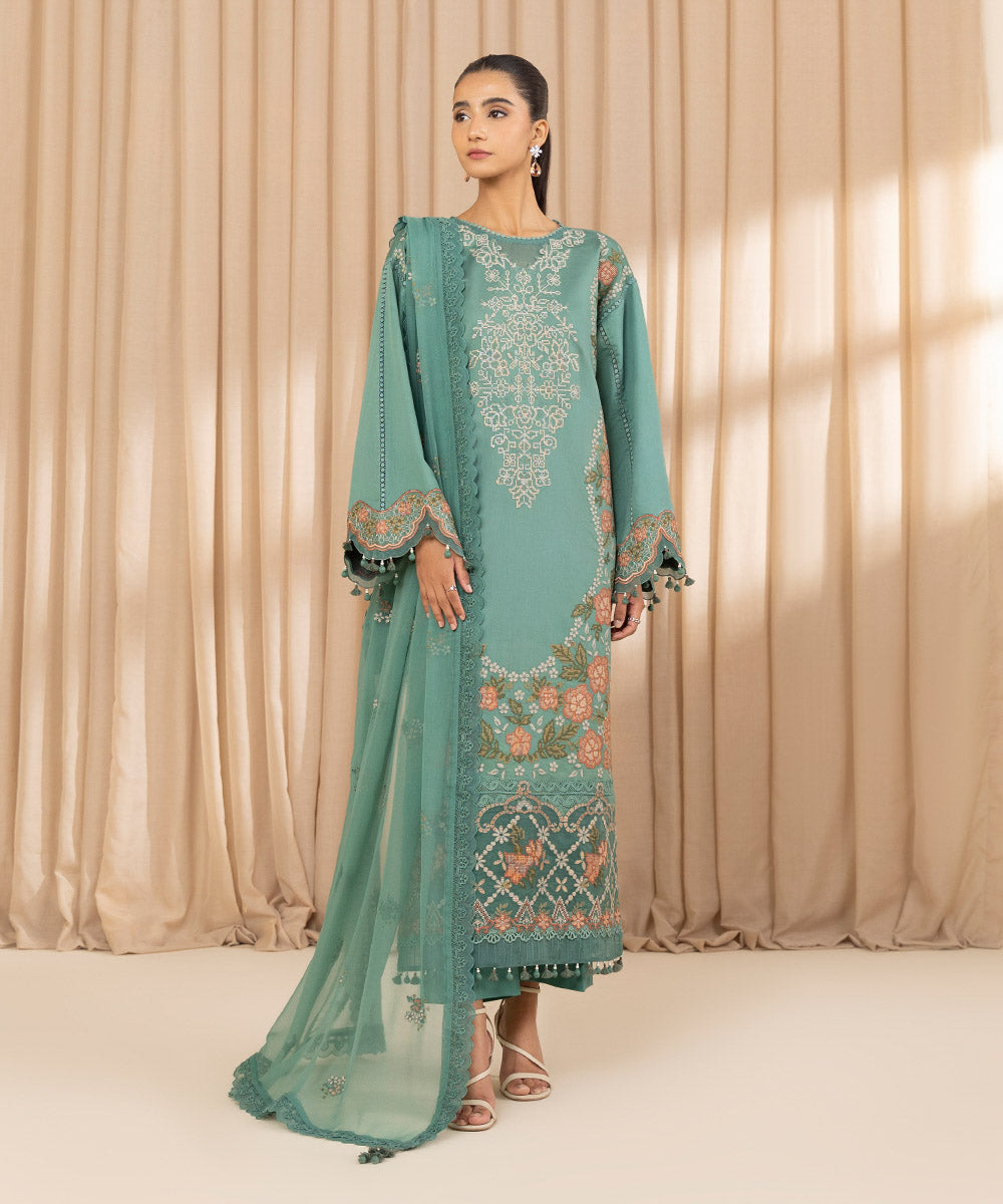 Unstitched Women's Embroidered Fine Cotton Satin Green Three Piece Suit 