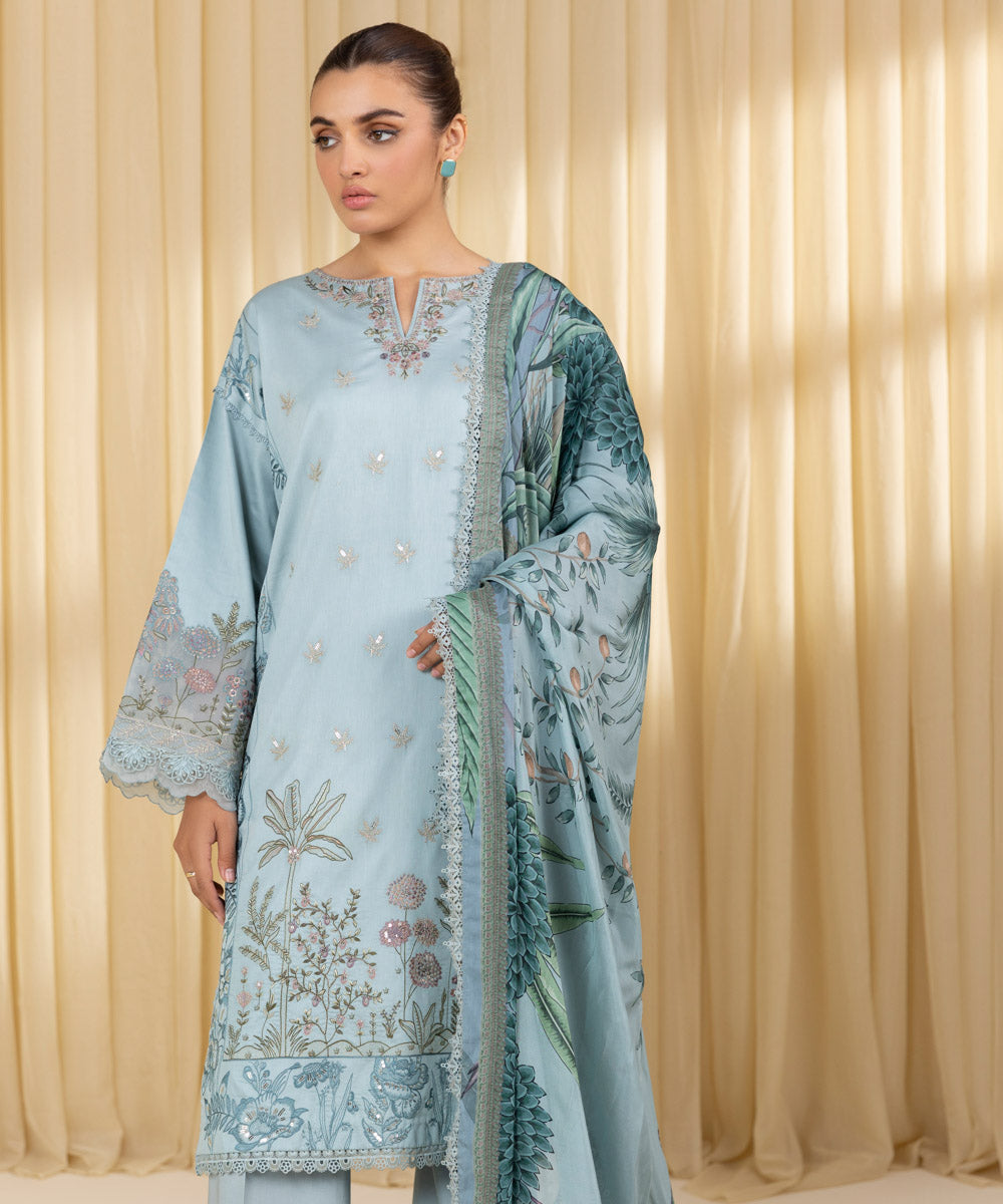 Unstitched Women's Blue Textured Lawn 3 Piece Suit