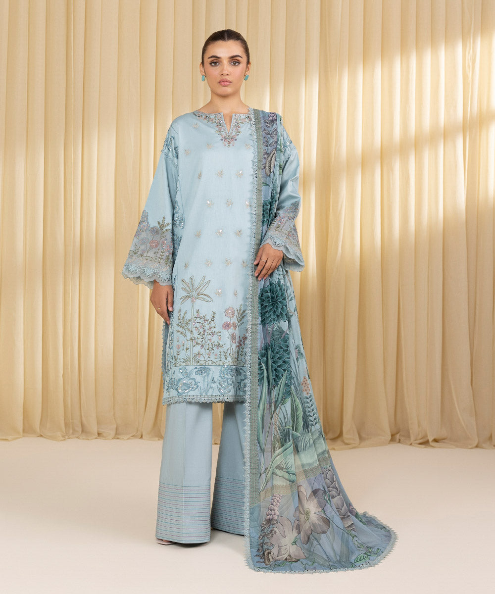 Unstitched Women's Blue Textured Lawn 3 Piece Suit
