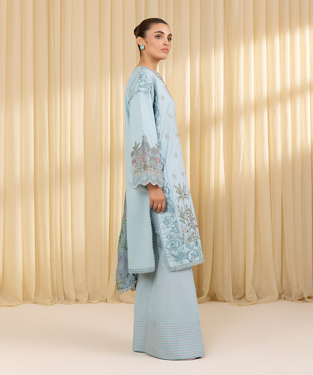 Unstitched Women's Blue Textured Lawn 3 Piece Suit
