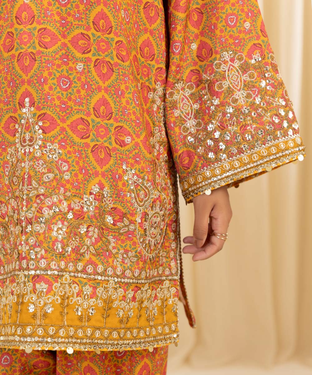 Women's Pret Viscose Raw Silk Embroidered Orange 2 Piece Suit