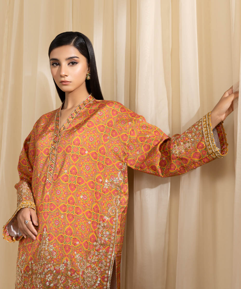 Women's Pret Viscose Raw Silk Embroidered Orange 2 Piece Suit