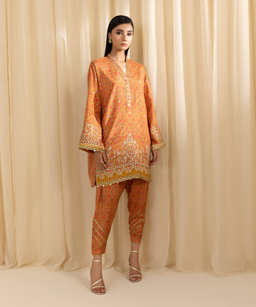 Women's Pret Viscose Raw Silk Embroidered Orange 2 Piece Suit