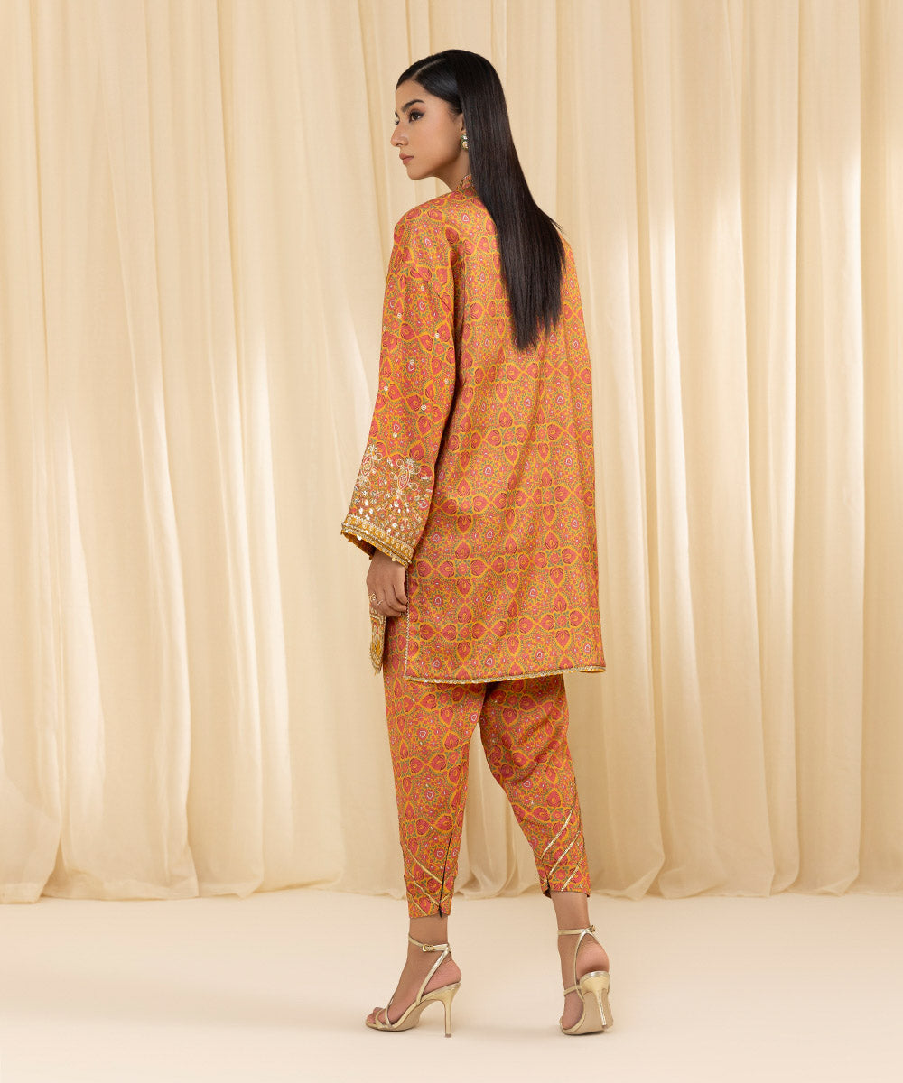 Women's Pret Viscose Raw Silk Embroidered Orange 2 Piece Suit