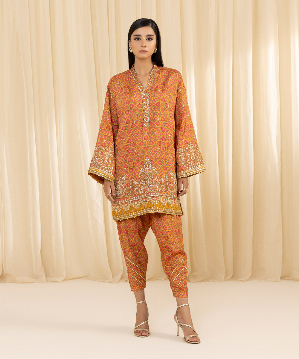 Women's Pret Viscose Raw Silk Embroidered Orange 2 Piece Suit