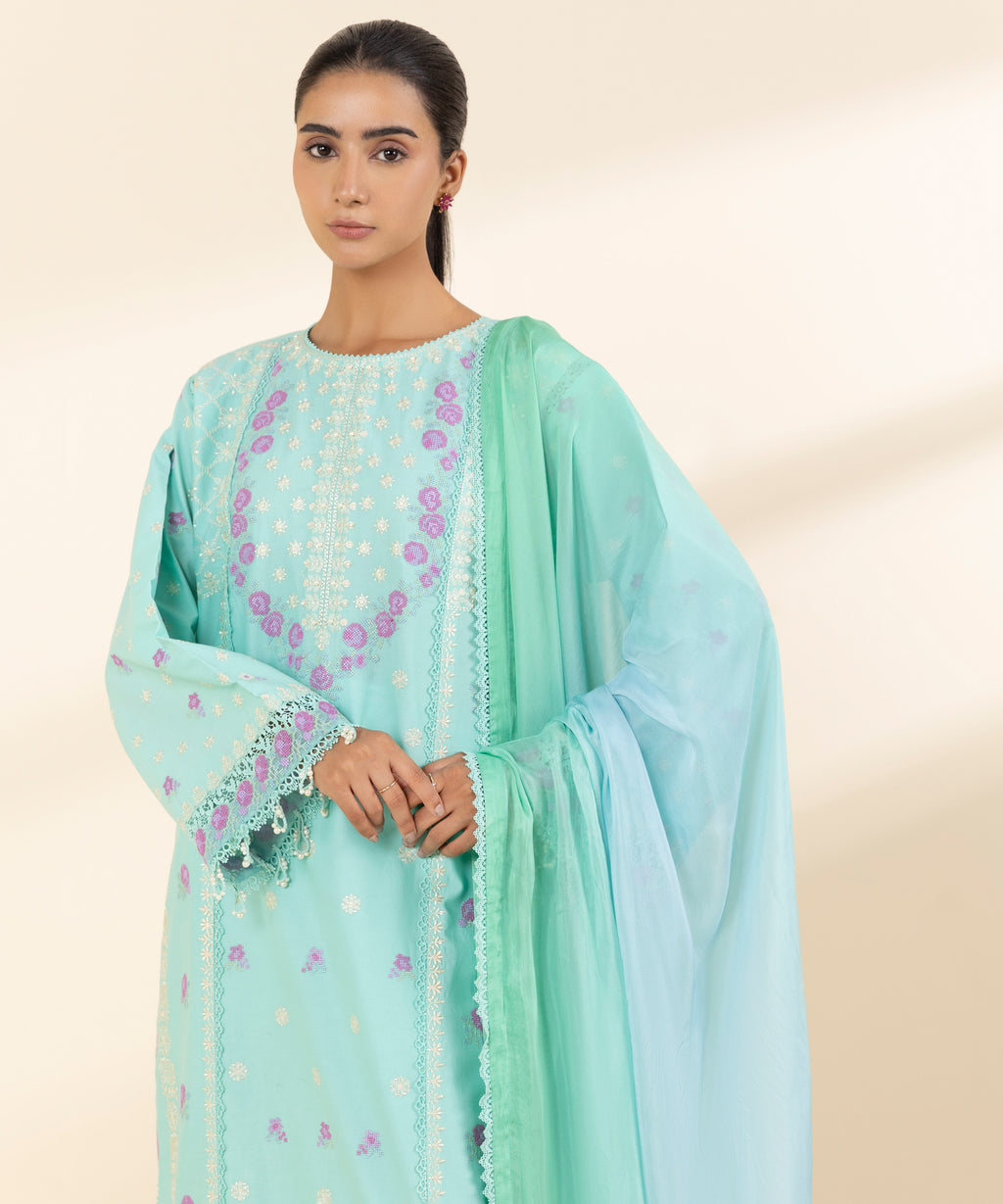 Women's Unstitched Lawn Embroidered Blue 3 Piece Suit