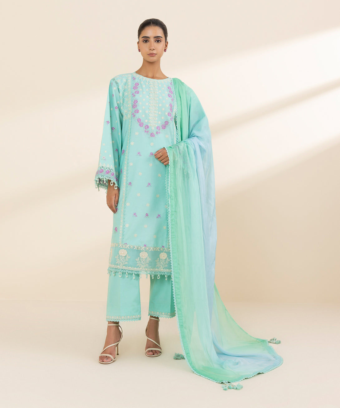 Women's Unstitched Lawn Embroidered Blue 3 Piece Suit