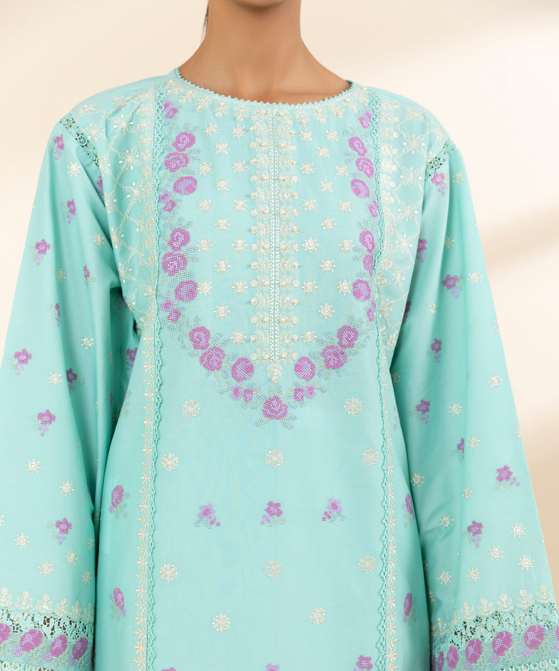 Women's Unstitched Lawn Embroidered Blue 3 Piece Suit