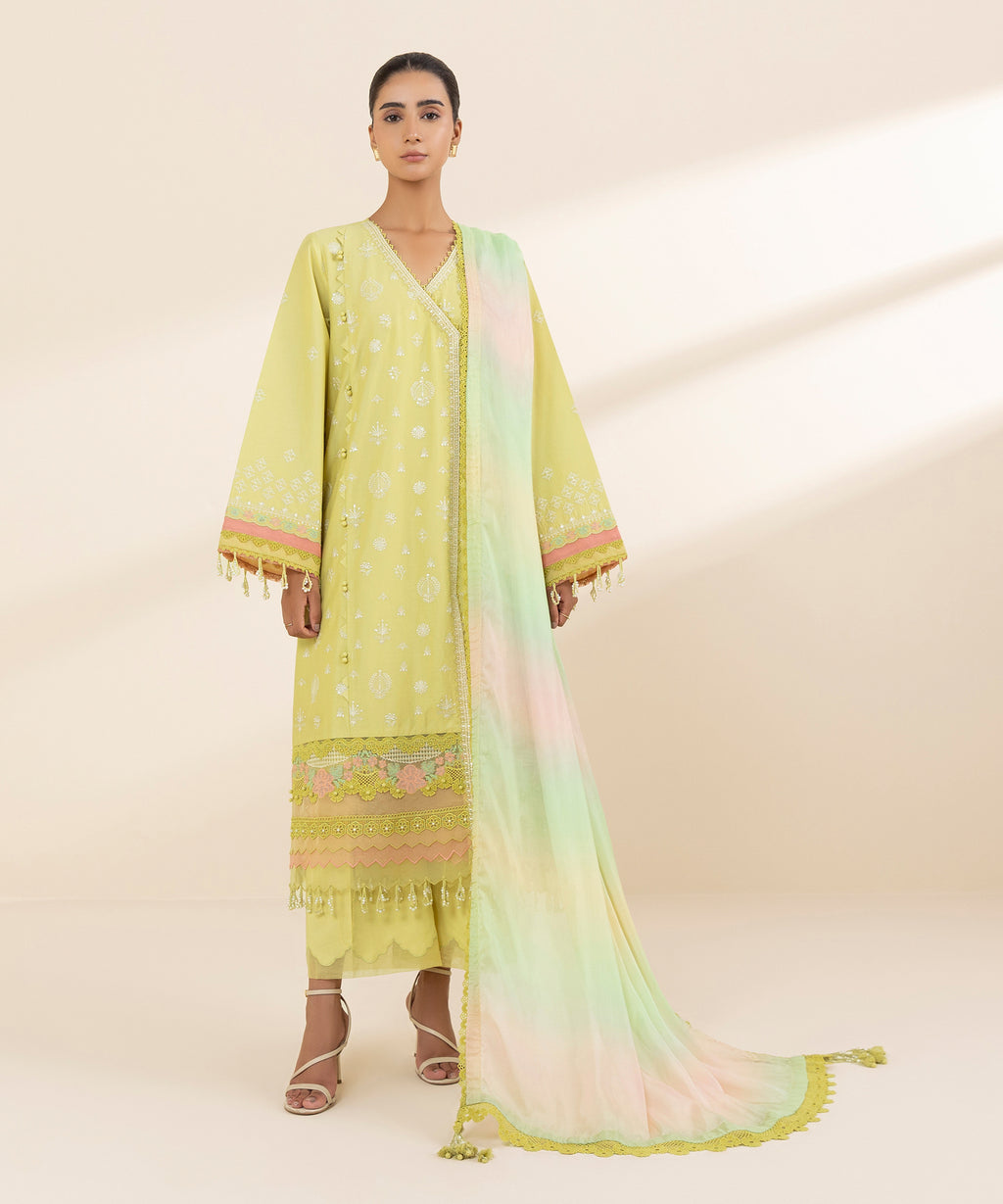 Women's Unstitched Lawn Embroidered Yellow 3 Piece Suit