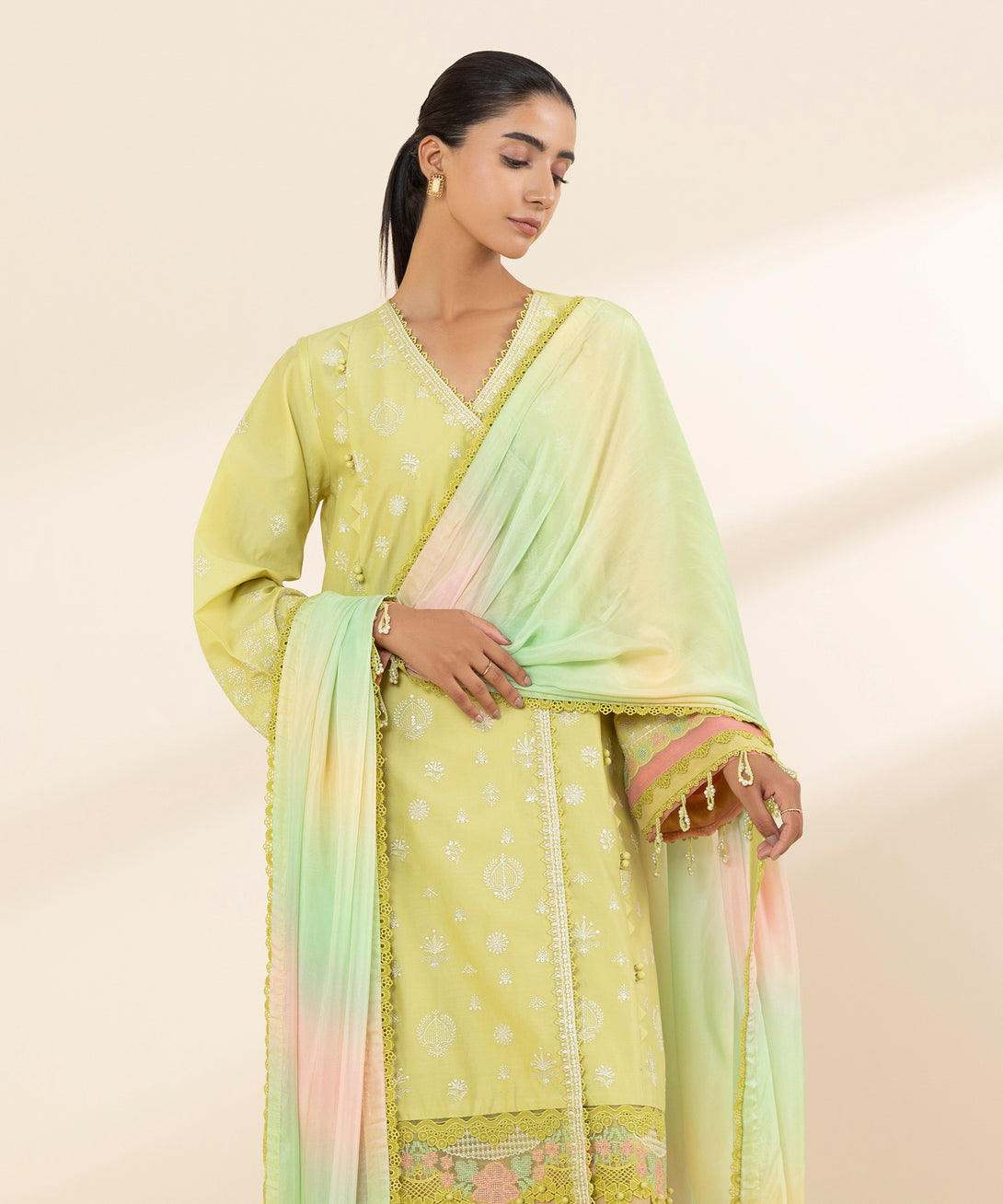 Women's Unstitched Lawn Embroidered Yellow 3 Piece Suit