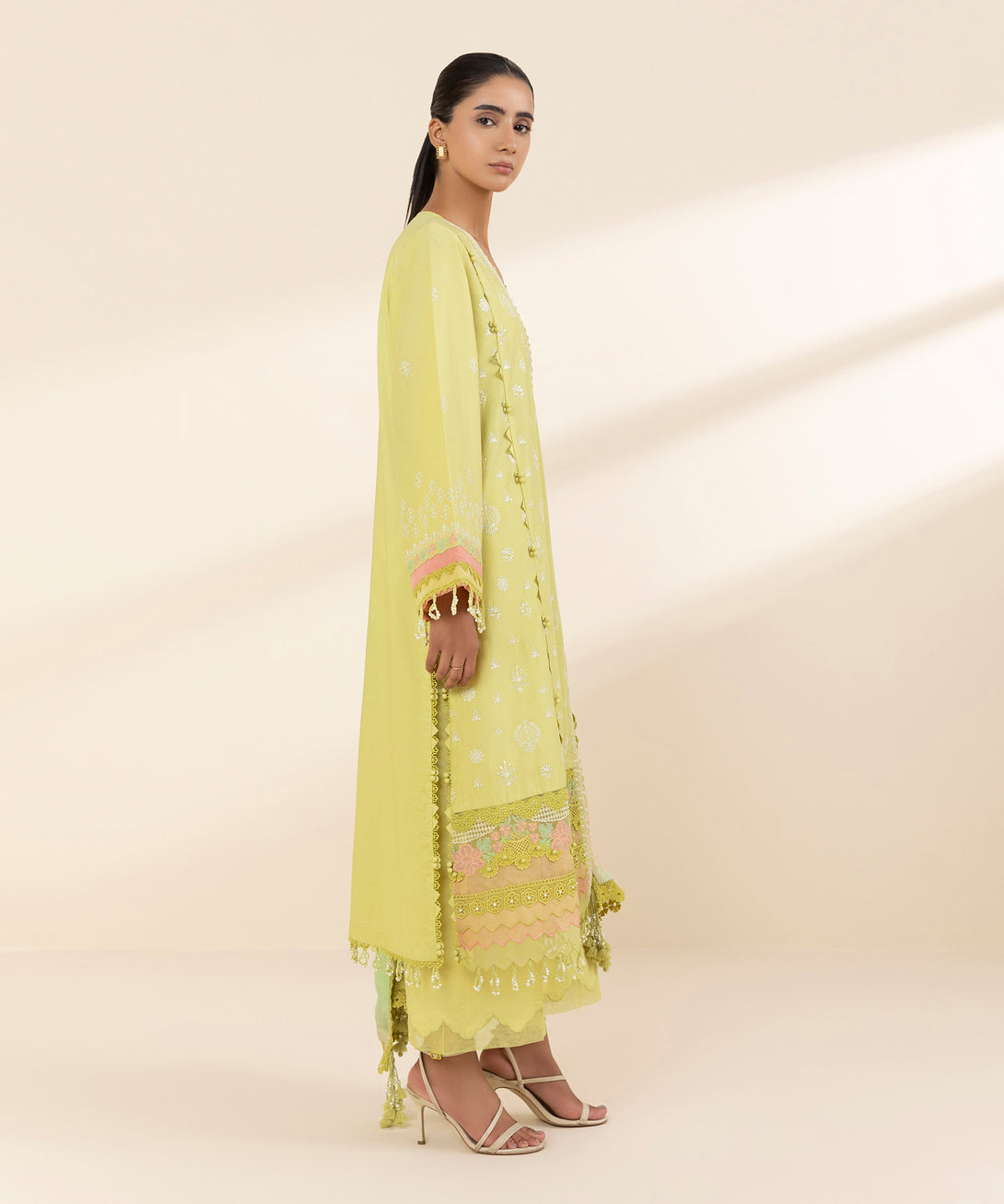 Women's Unstitched Lawn Embroidered Yellow 3 Piece Suit