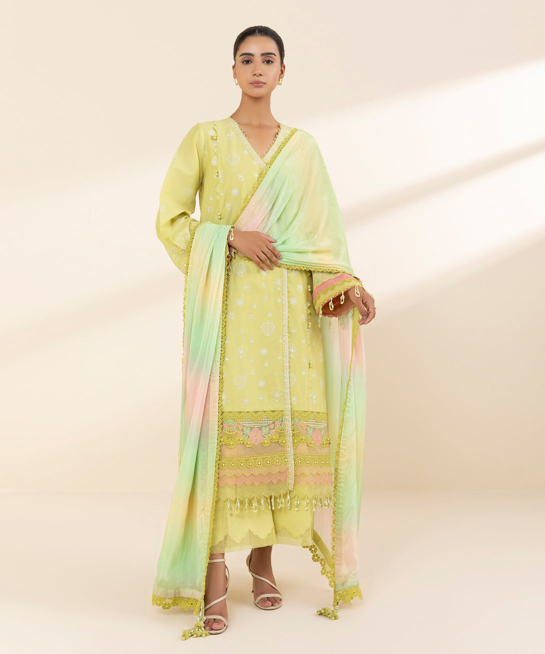 Women's Unstitched Lawn Embroidered Yellow 3 Piece Suit