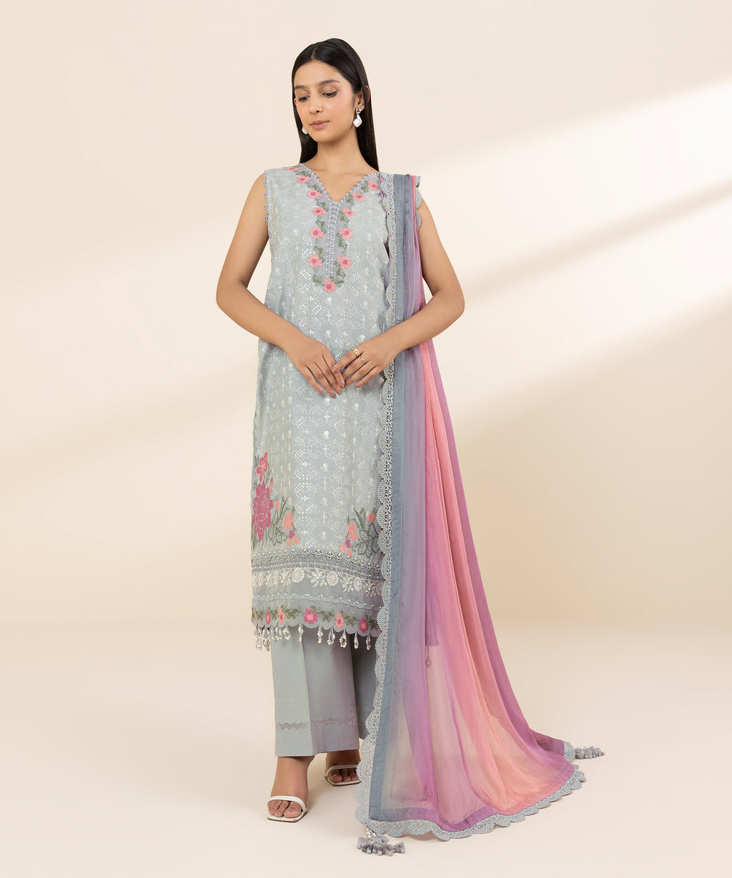 Women's Unstitched Textured Lawn Embroidered Grey 3 Piece Suit