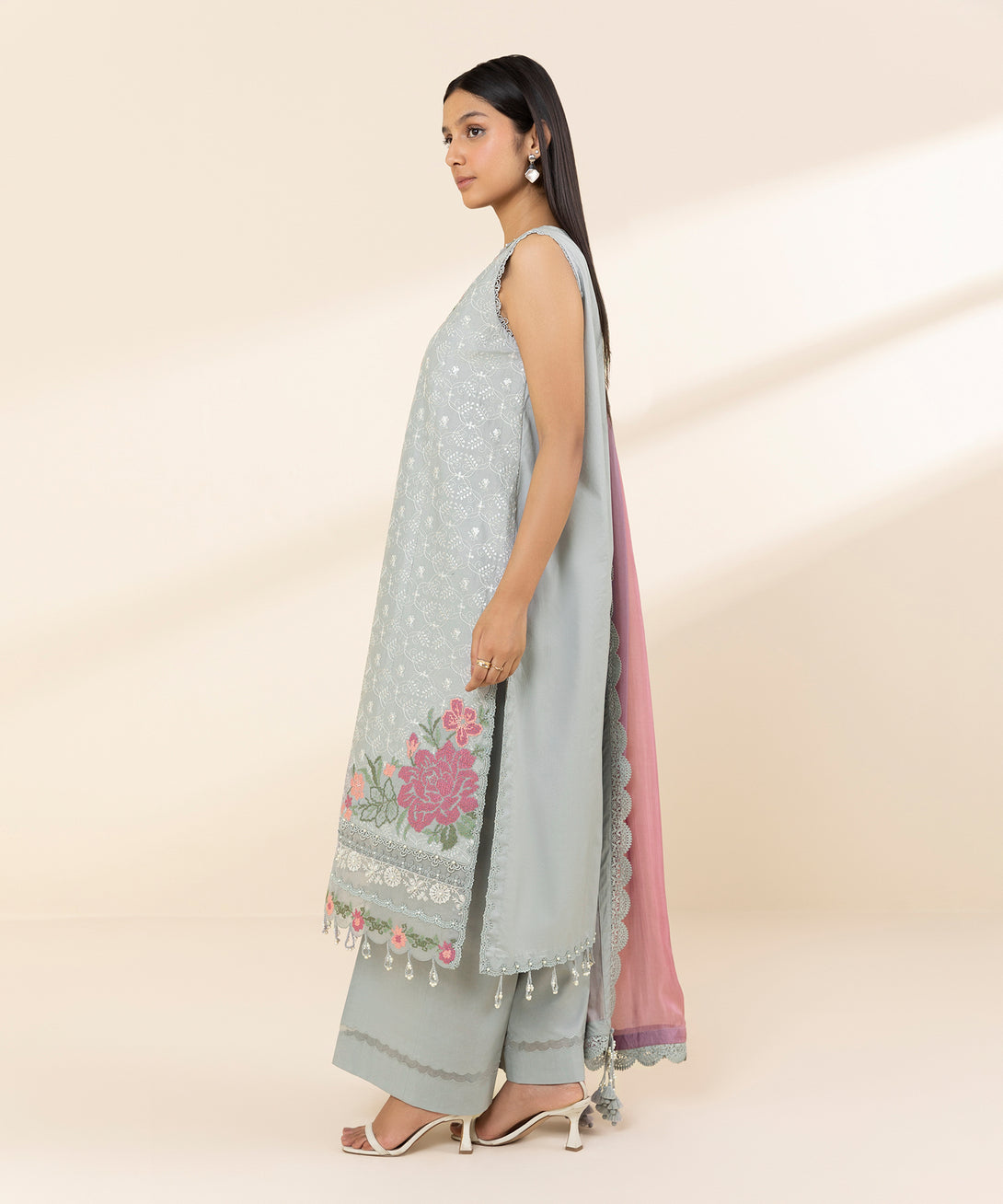 Women's Unstitched Textured Lawn Embroidered Grey 3 Piece Suit