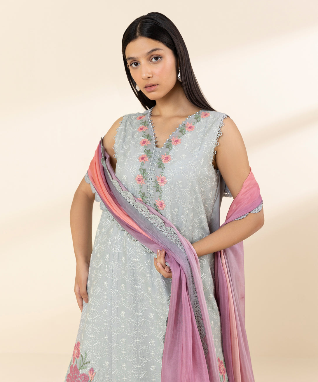 Women's Unstitched Textured Lawn Embroidered Grey 3 Piece Suit