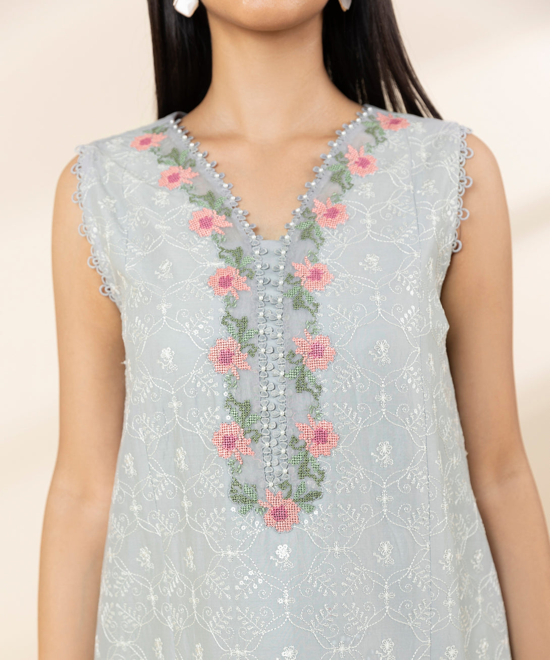 Women's Unstitched Textured Lawn Embroidered Grey 3 Piece Suit