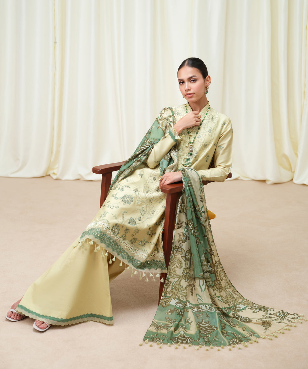 3 Piece - Embroidered Cotton Satin Suit