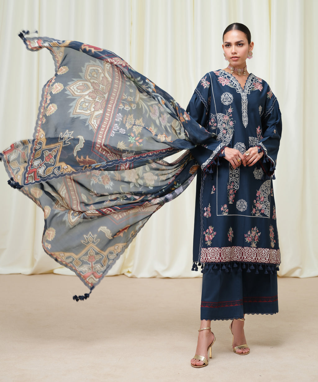 3 Piece - Embroidered Cotton Satin Suit