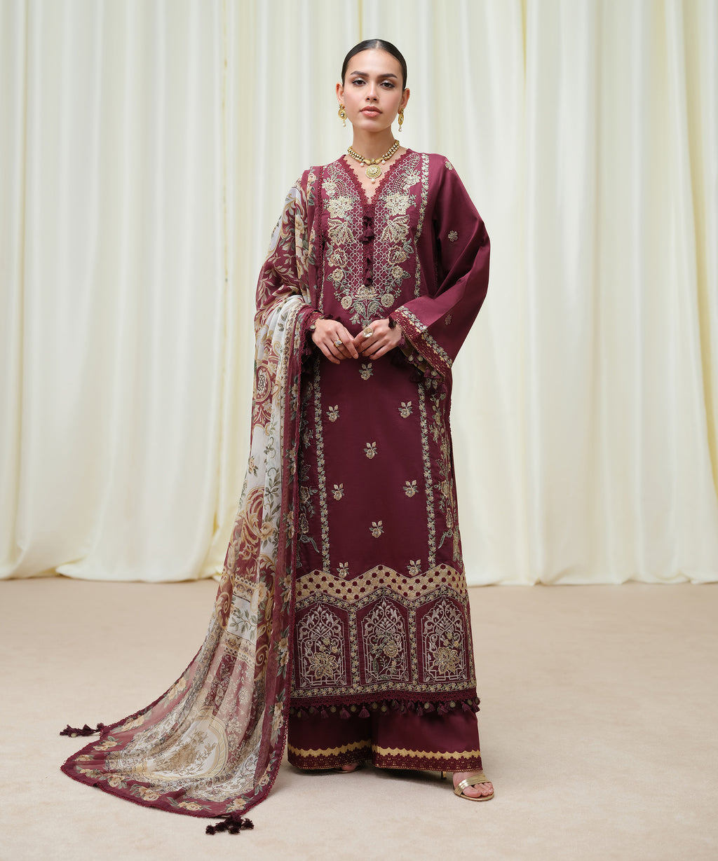 3 Piece - Embroidered Cotton Satin Suit
