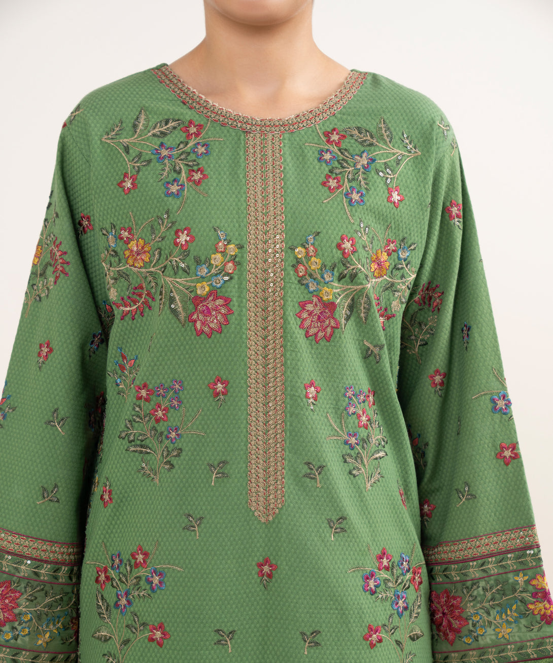 Women's Unstitched Dobby Embroidered Green 3 Piece Suit