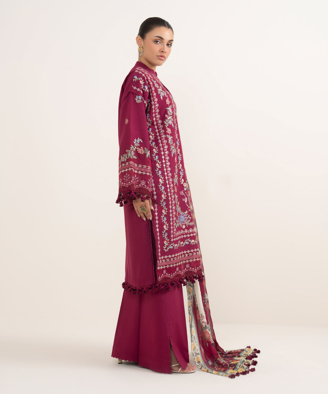 Women's Unstitched Dobby Embroidered Pink 3 Piece Suit
