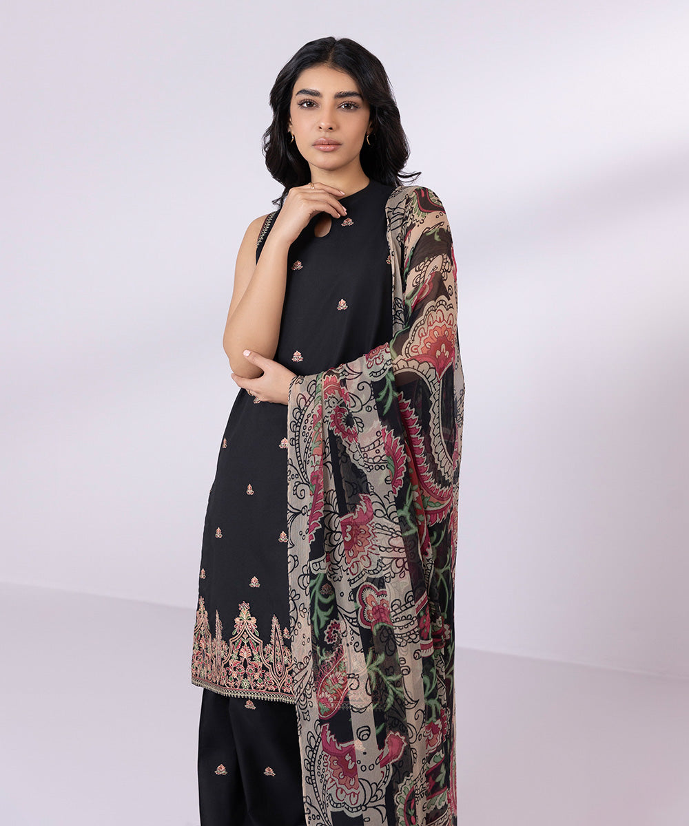 Women's Unstitched Lawn Embroidered Black 3 Piece Suit