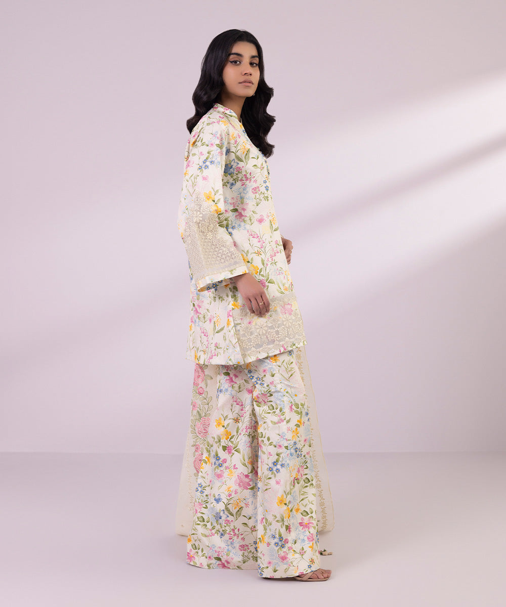 Women's Unstitched Light Cotton Satin Embroidered Ivory 3 Piece Suit