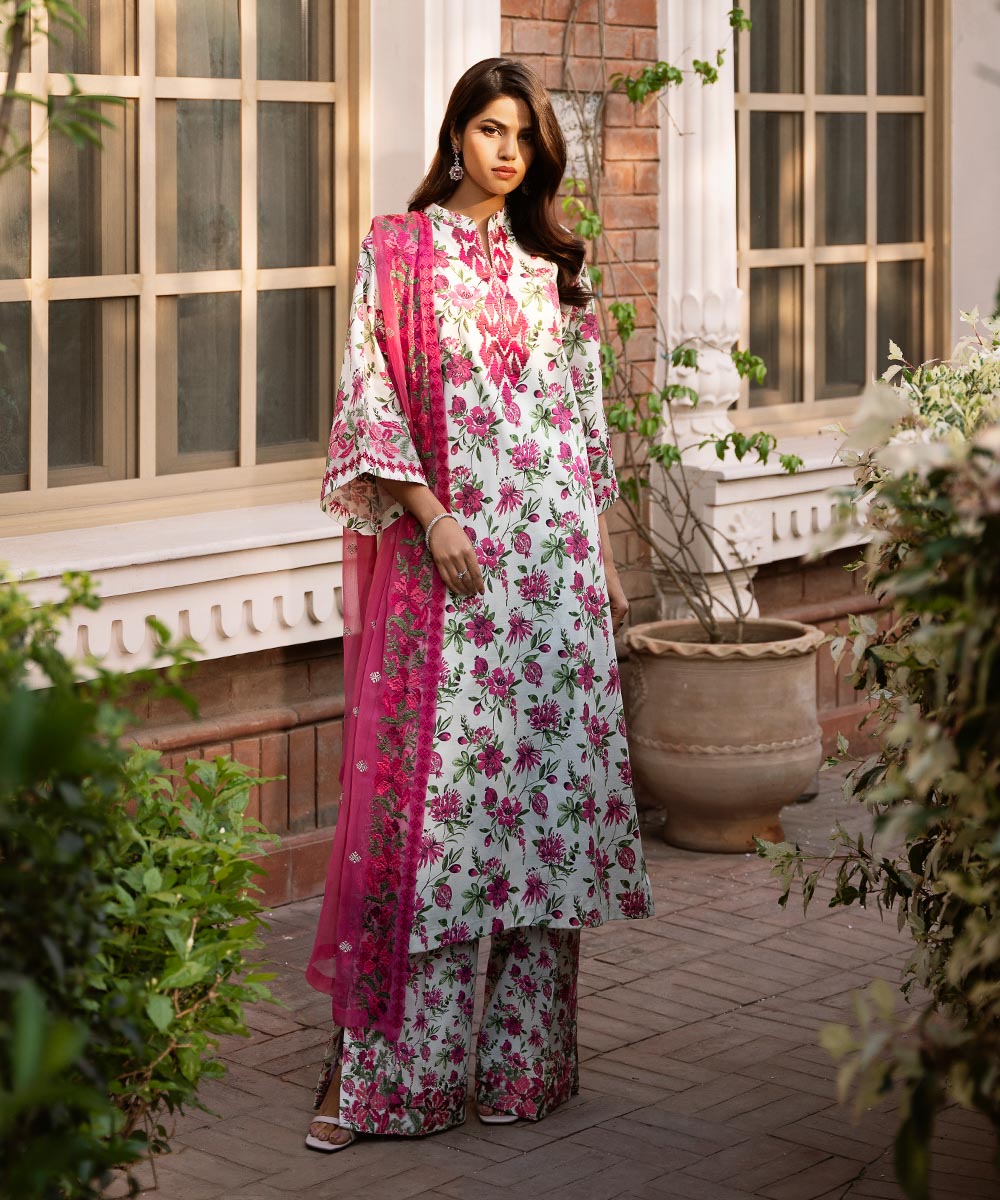 Women's Unstitched Light Cotton Satin Embroidered Ivory 3 Piece Suit