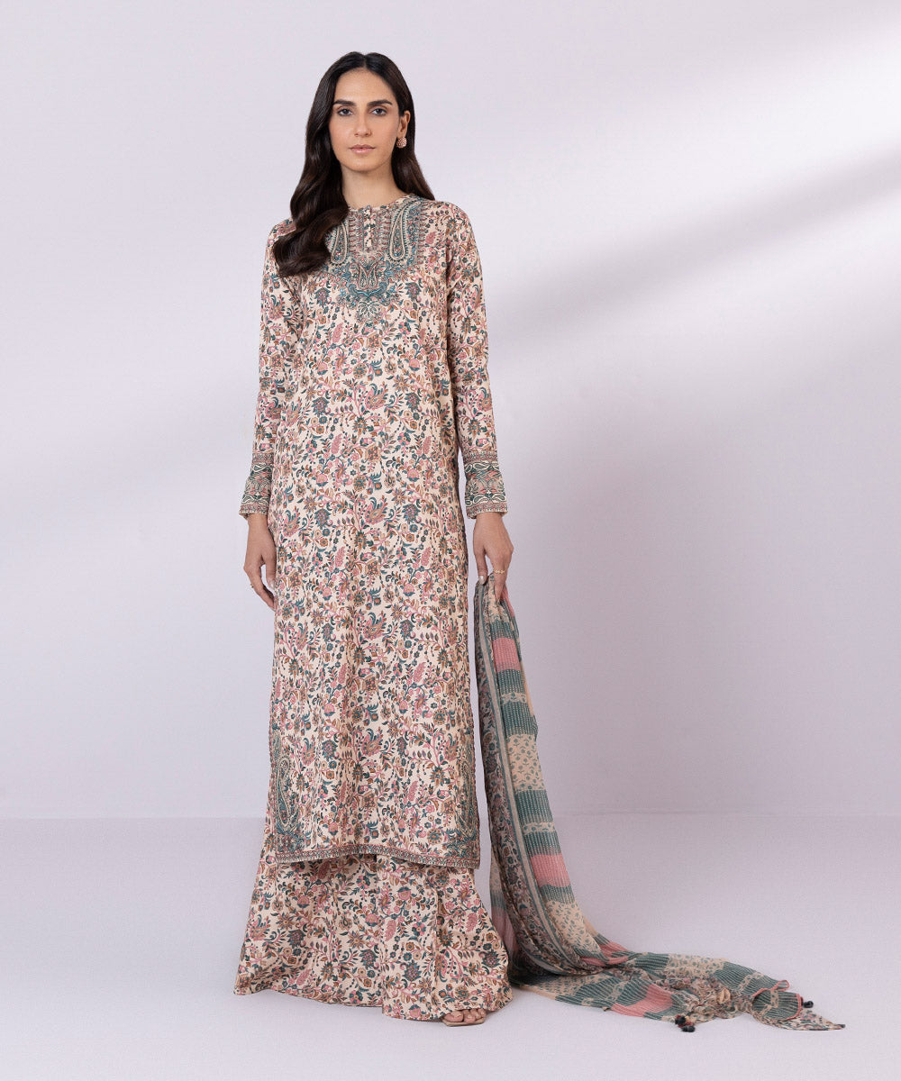 Women's Unstitched Lawn Embroidered Tender Peach 3 Piece Suit