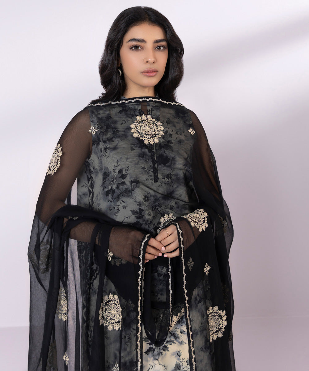 Crinkle Chiffon Black Embroidered Dupatta