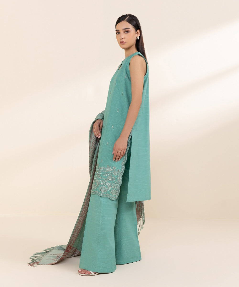 Women's Unstitched Khaddar Embroidered Green 3 Piece Suit