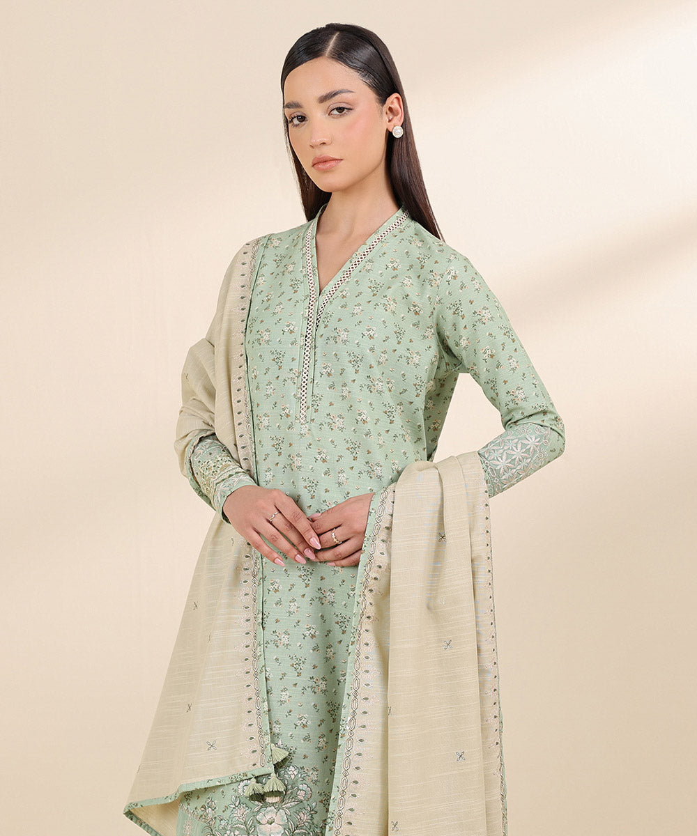 Women's Unstitched Khaddar Green Embroidered 3 Piece Suit 