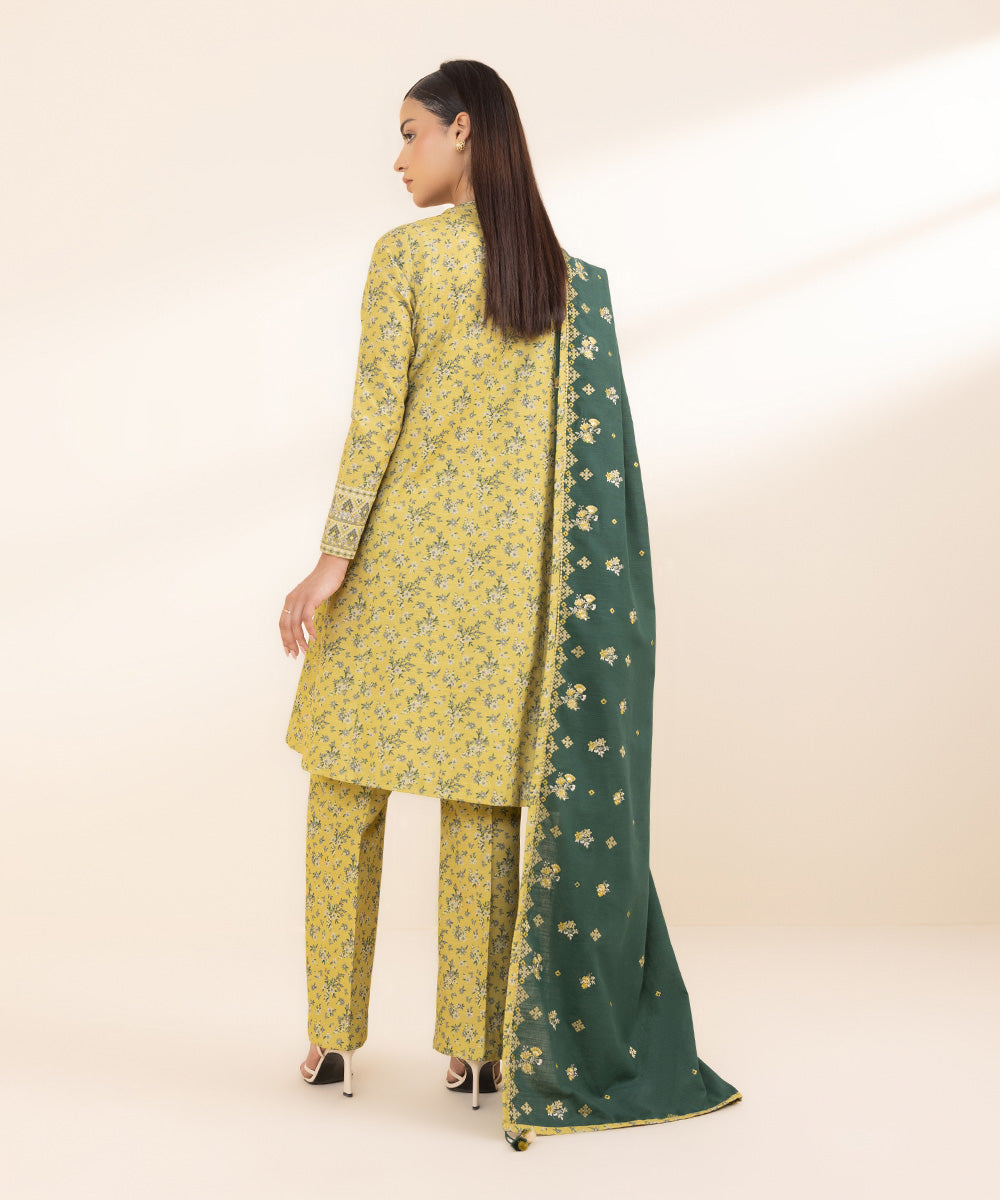 Women's Unstitched Khaddar Yellow Embroidered 3 Piece Suit 