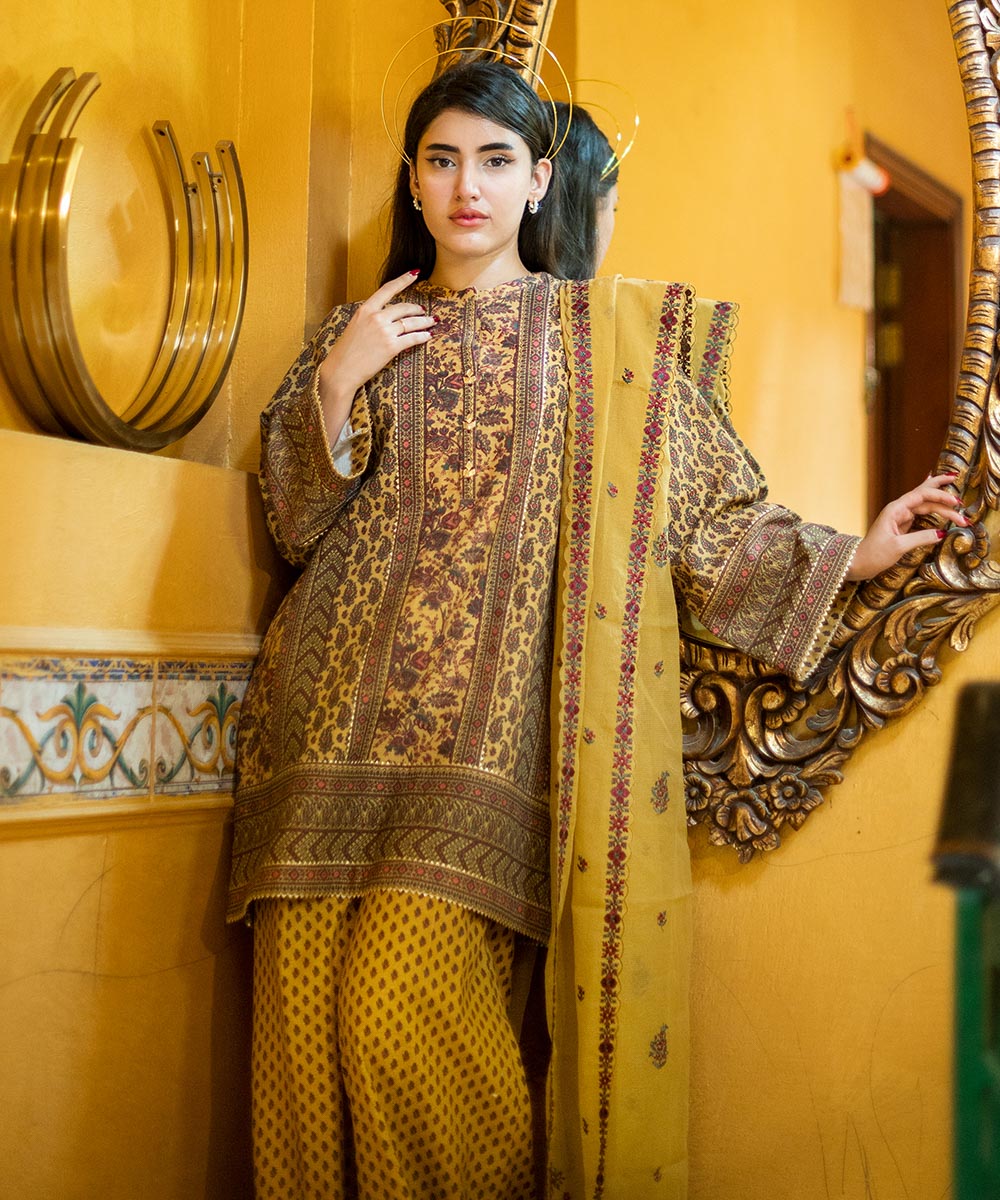 Women's Unstitched Khaddar Embroidered Yellow 3 Piece Suit