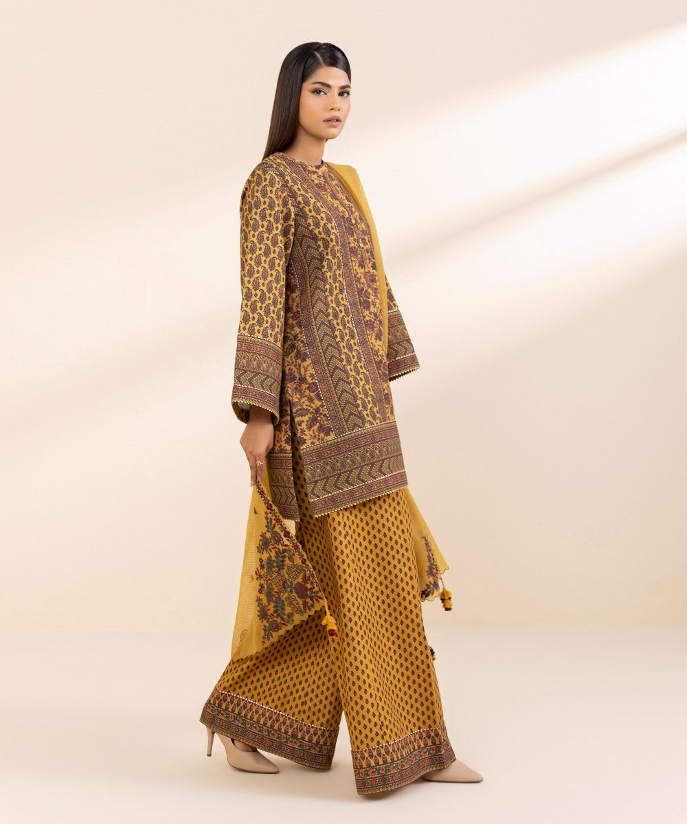 Women's Unstitched Khaddar Embroidered Yellow 3 Piece Suit