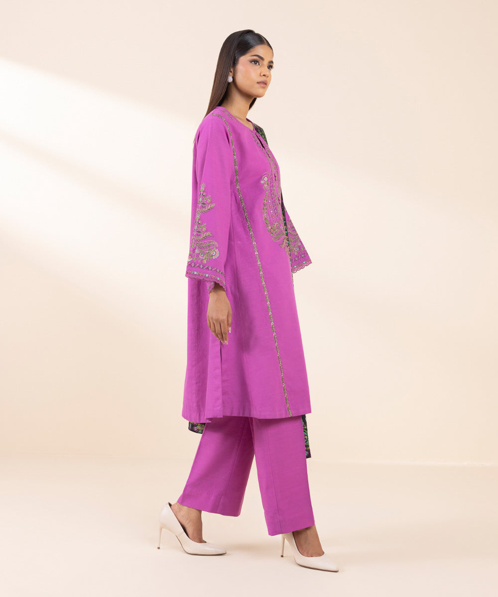 Women's Unstitched Khaddar Embroidered Purple 3 Piece Suit