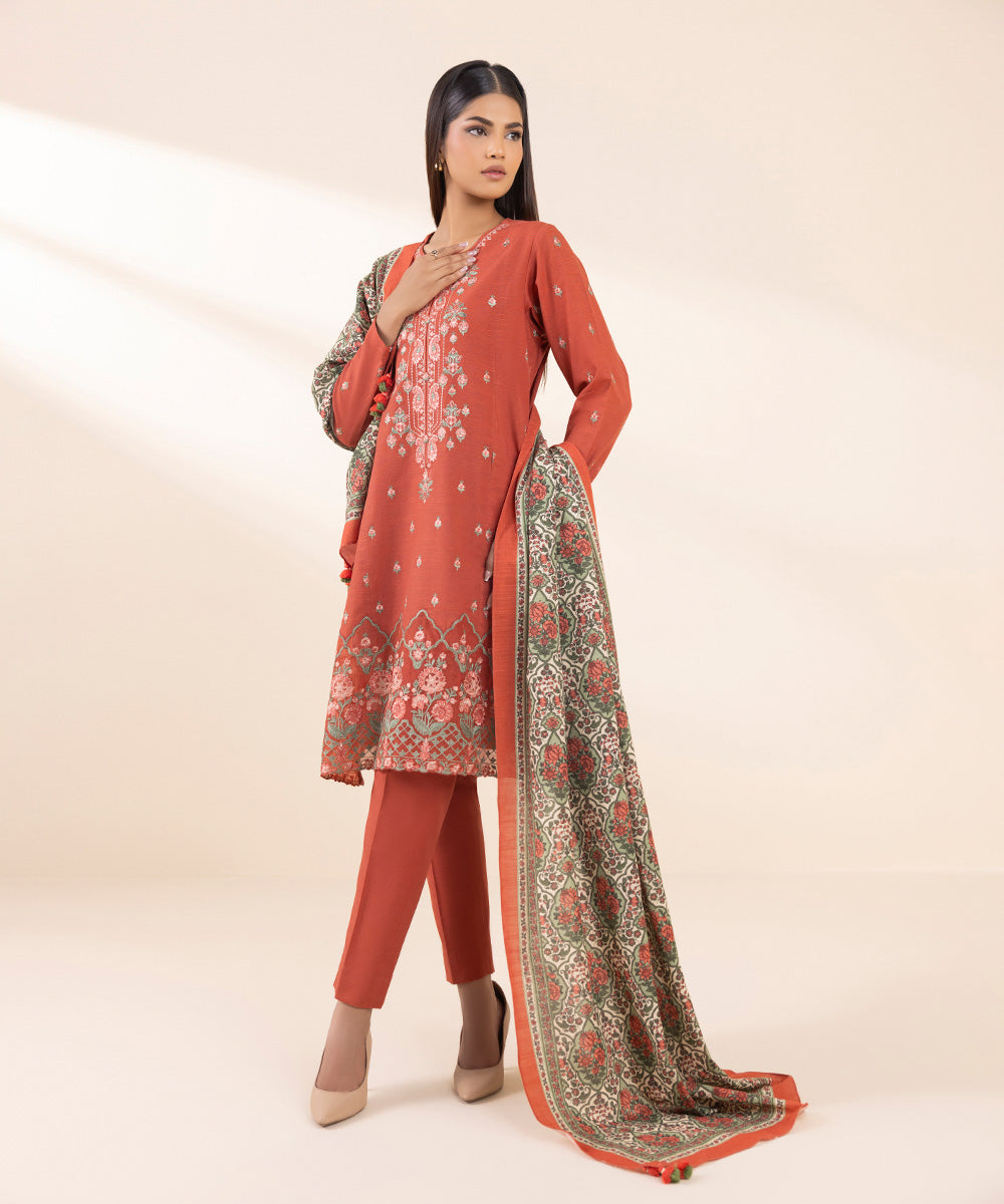 Women's Unstitched Khaddar Embroidered Red 3 Piece Suit