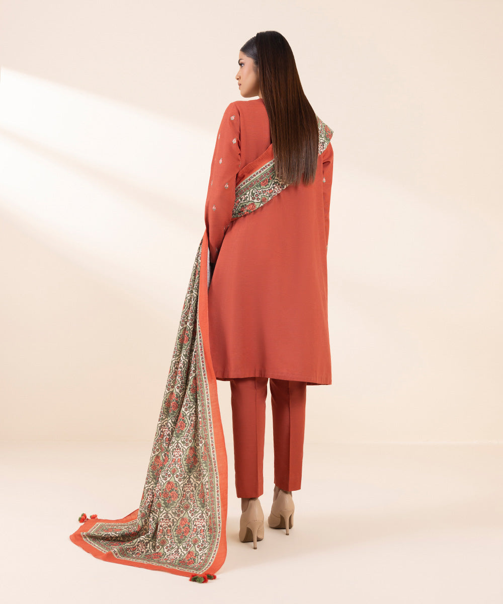 Women's Unstitched Khaddar Embroidered Red 3 Piece Suit