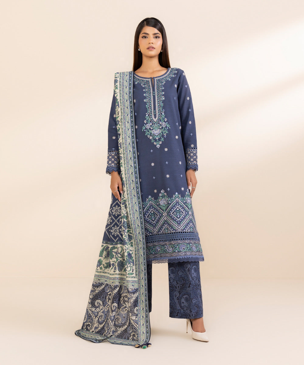 Women's Unstitched Khaddar Embroidered Blue 3 Piece Suit