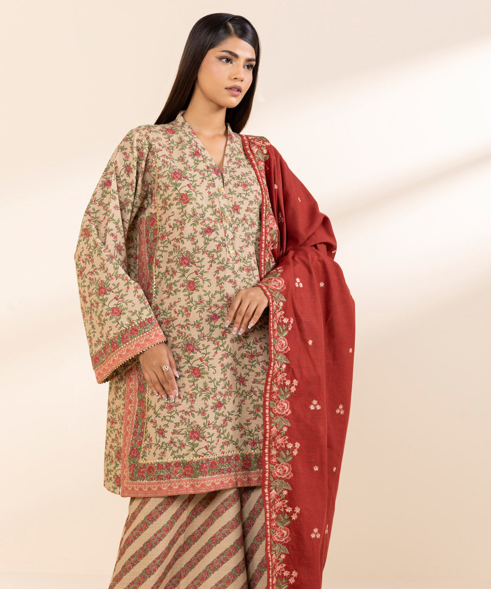 Women's Unstitched Khaddar Embroidered Multi 3 Piece Suit