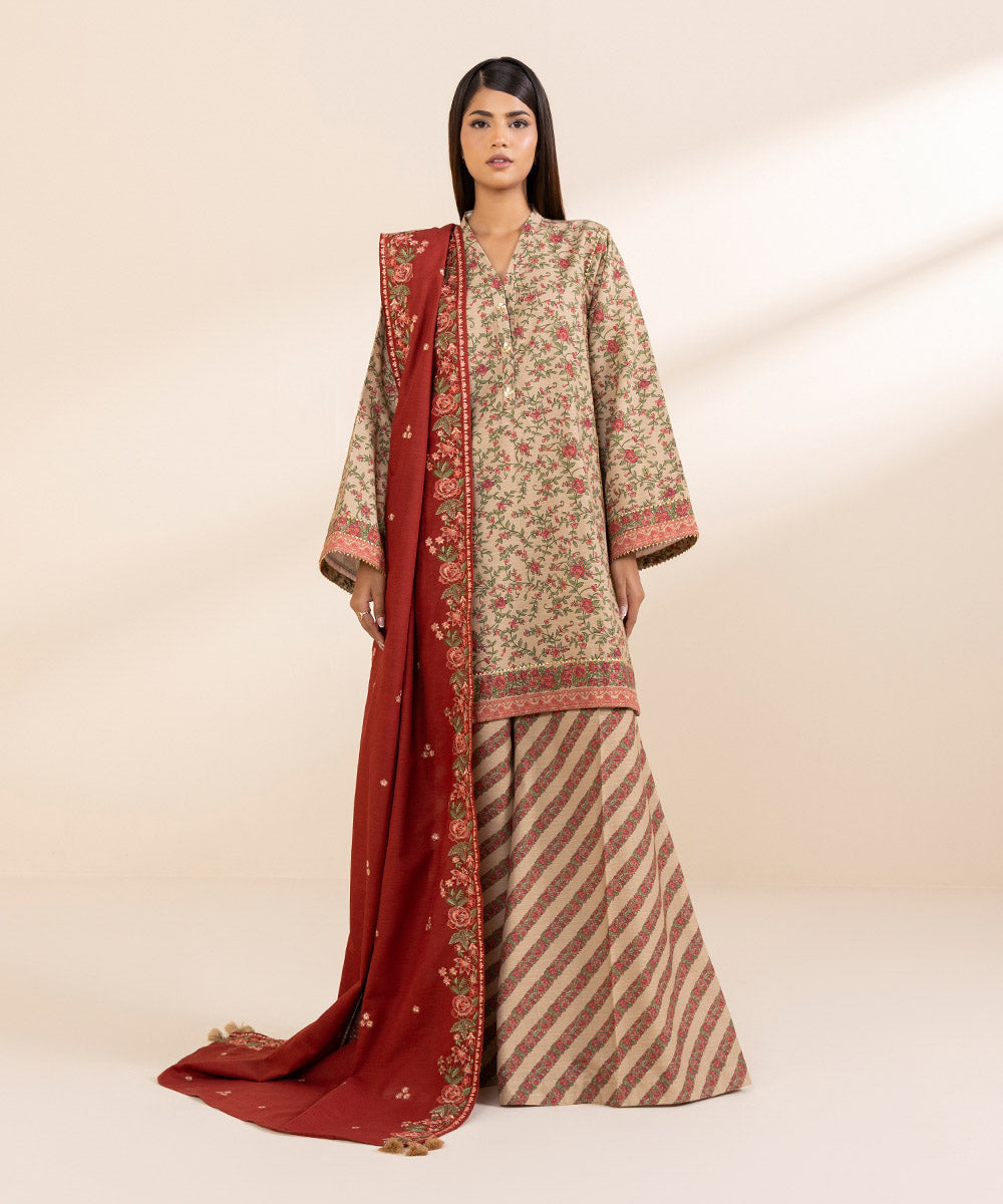 Women's Unstitched Khaddar Embroidered Multi 3 Piece Suit