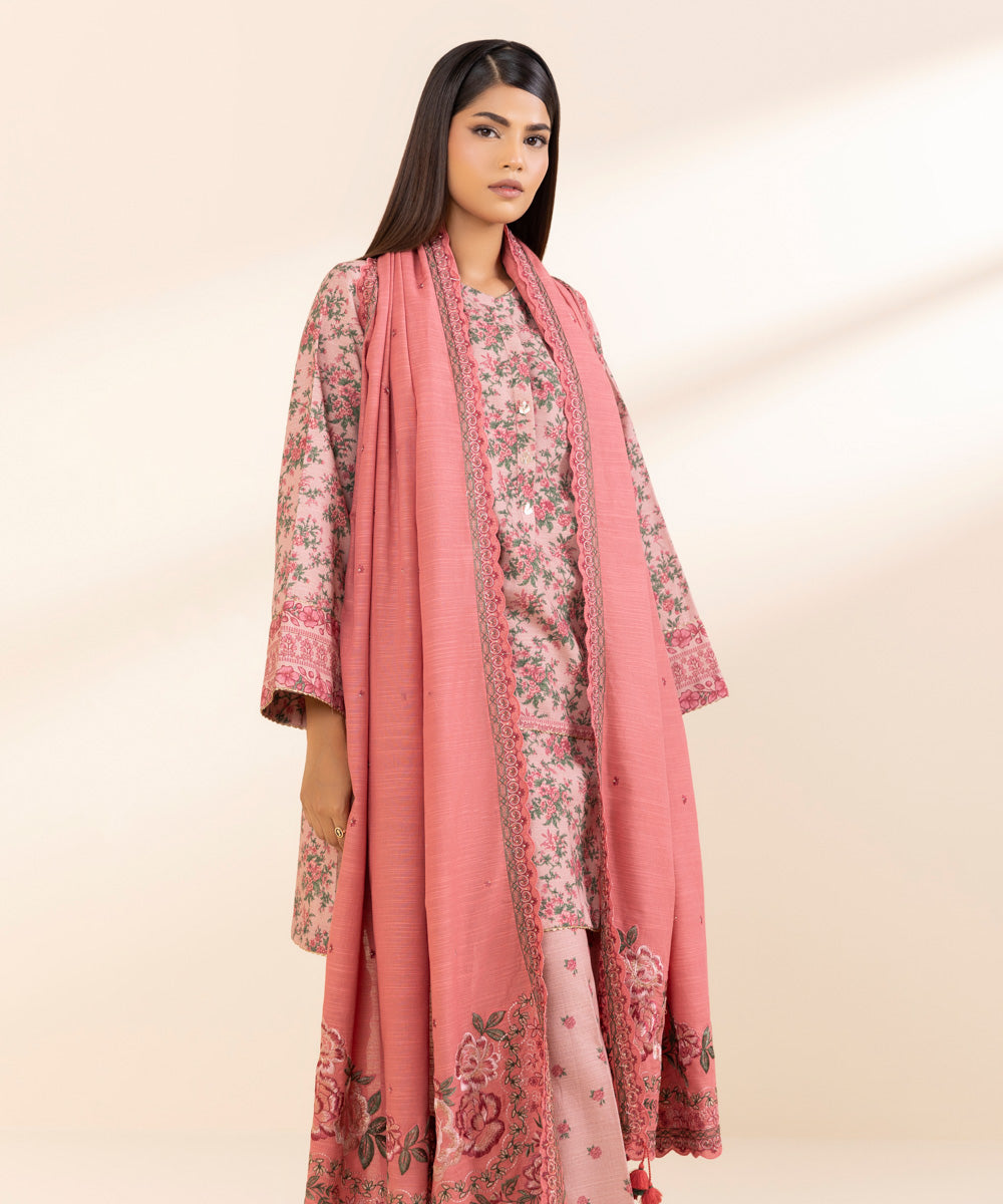 Women's Unstitched Khaddar Embroidered Pink 3 Piece Suit