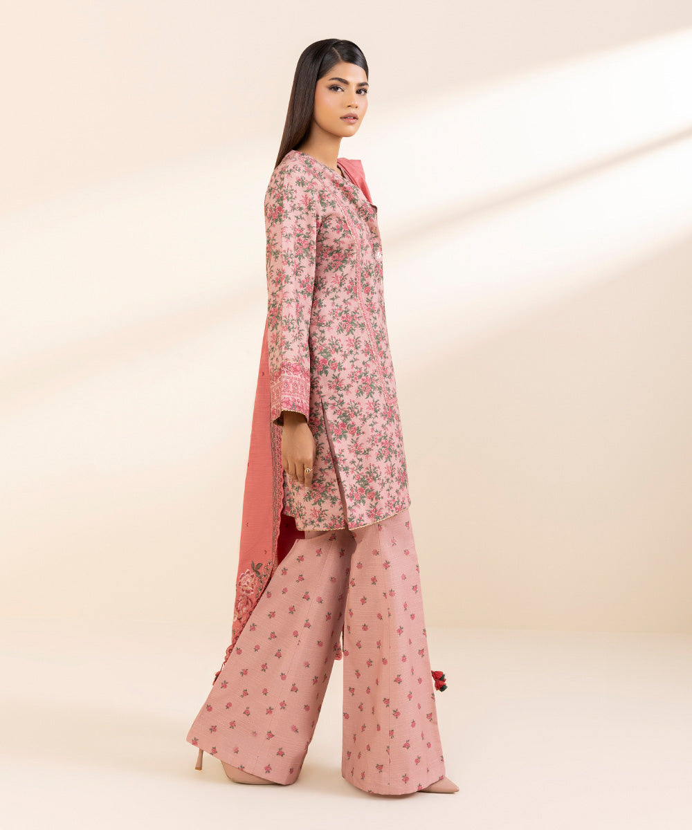 Women's Unstitched Khaddar Embroidered Pink 3 Piece Suit