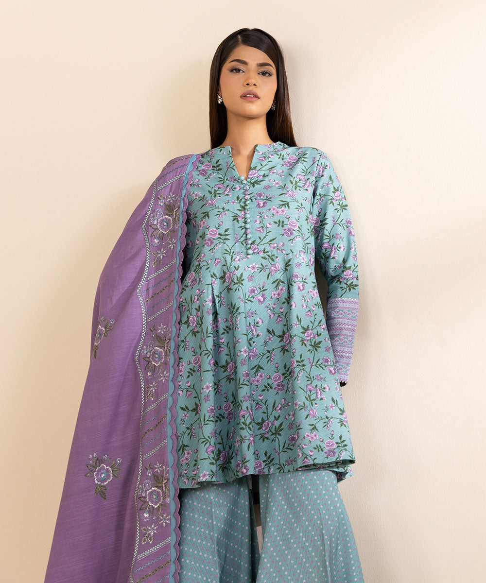 Women's Unstitched Khaddar Embroidered Blue 3 Piece Suit