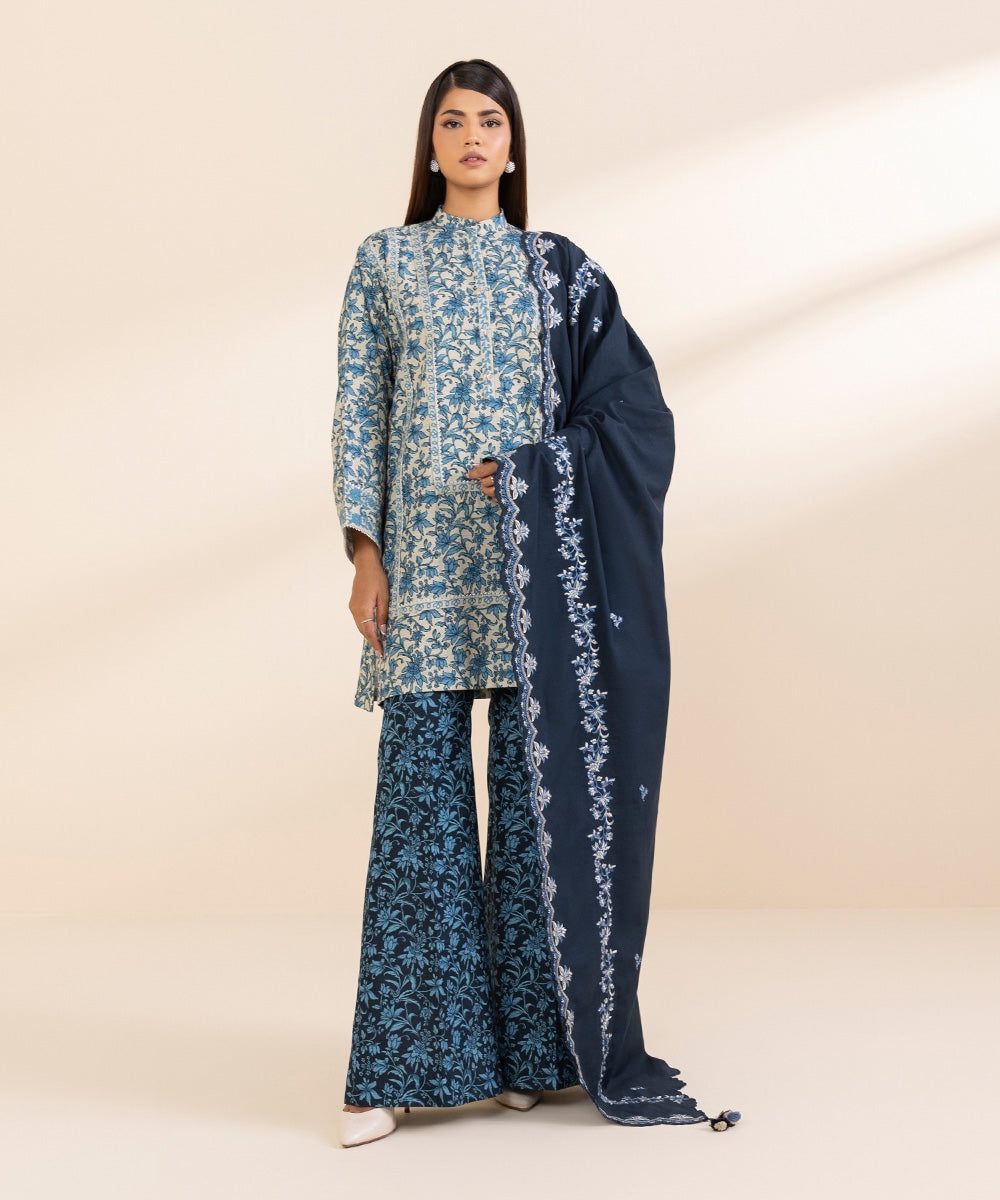 Women's Unstitched Khaddar Embroidered Blue 3 Piece Suit