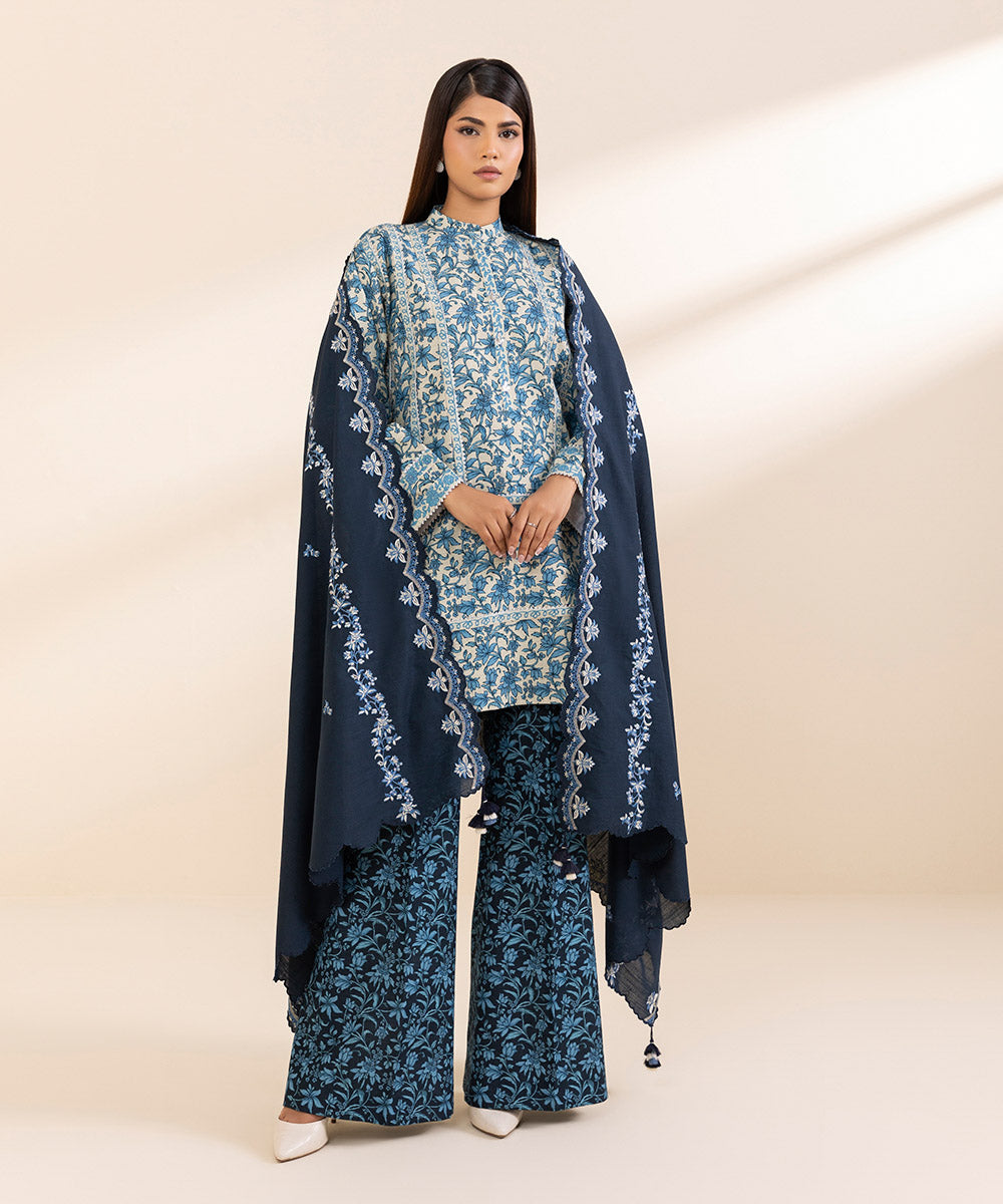 Women's Unstitched Khaddar Embroidered Blue 3 Piece Suit