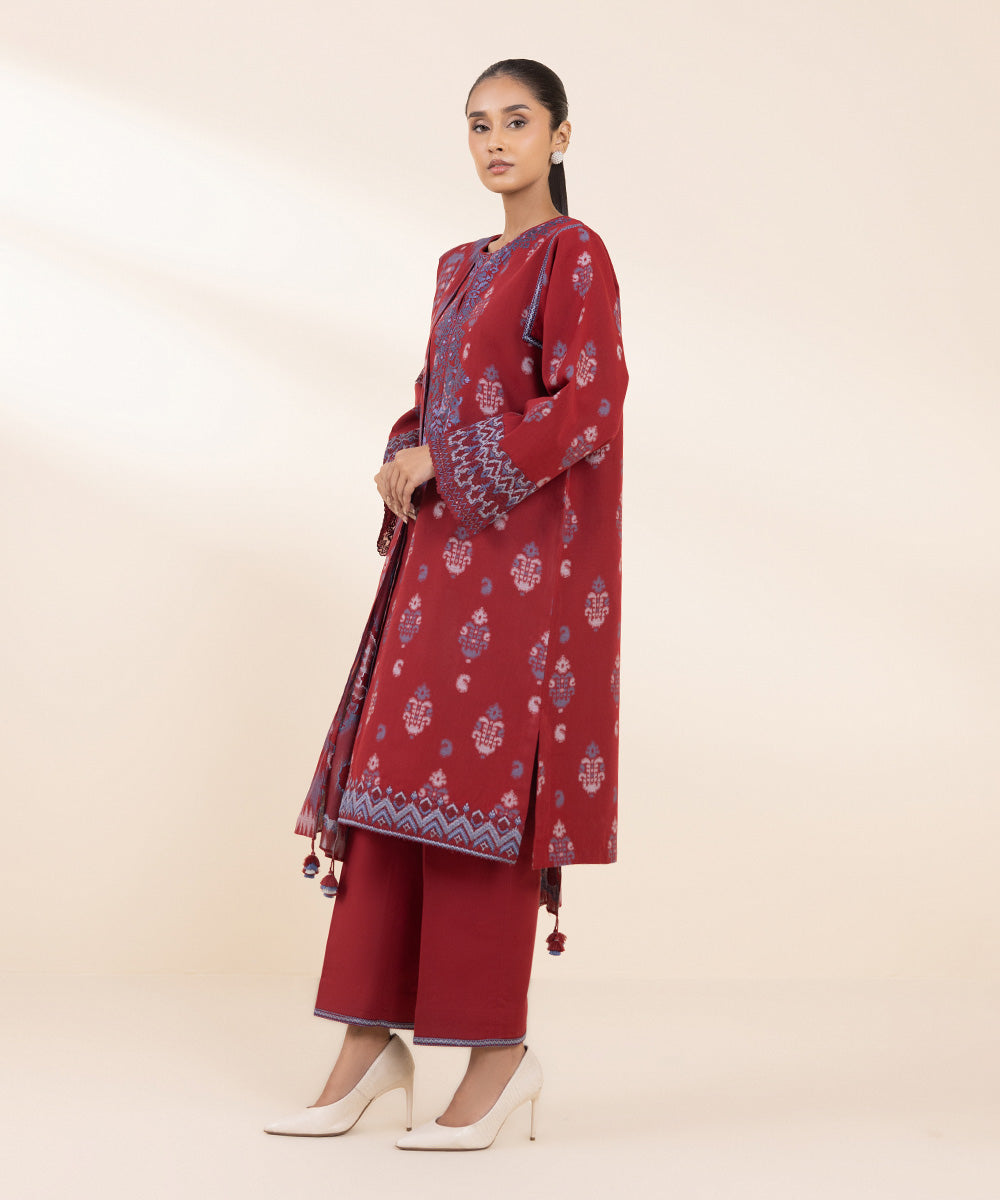 Women's Unstitched Yarn Dyed Jacquard Embroidered Red 3 Piece Suit