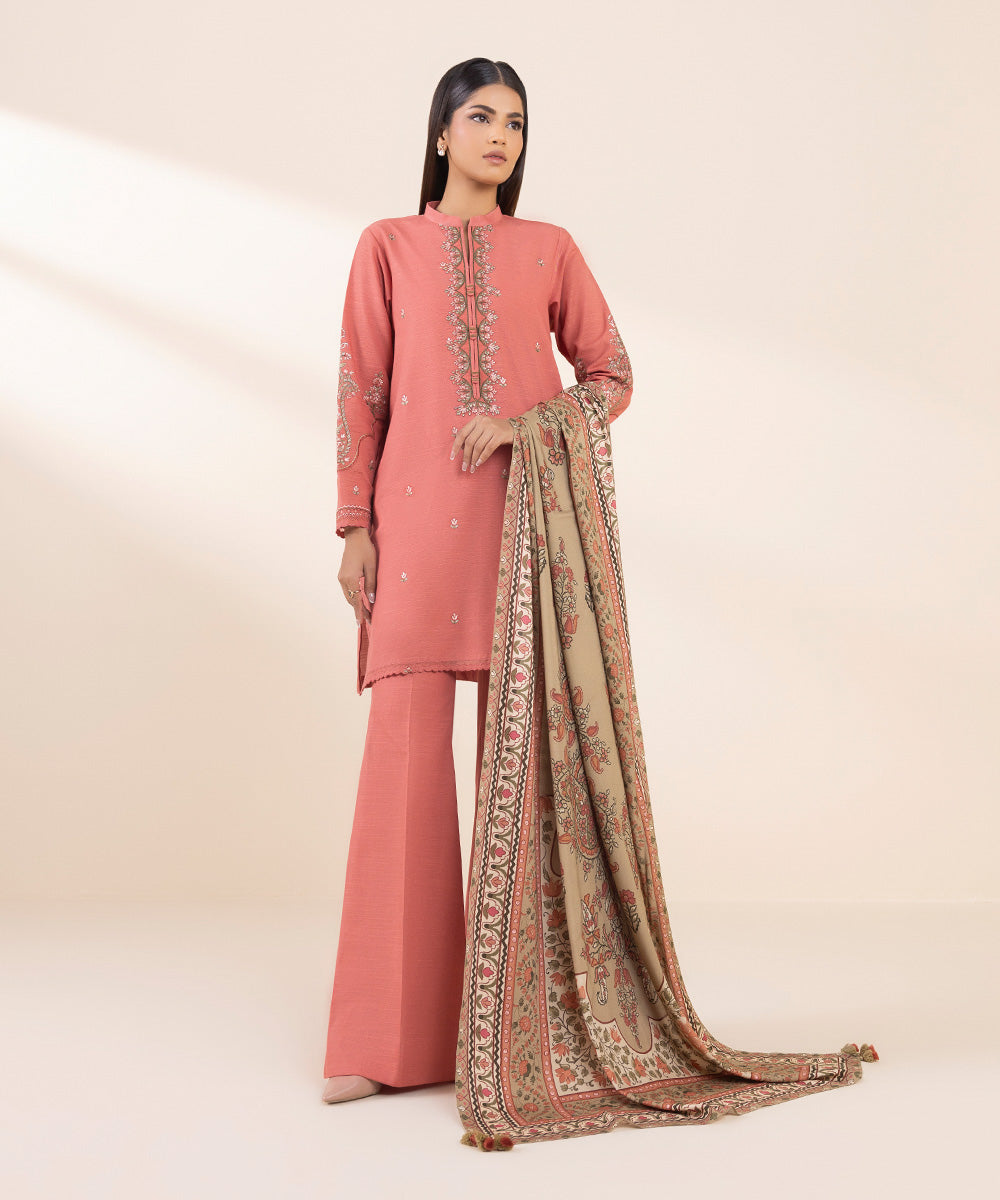 Women's Unstitched Khaddar Embroidered Pink 3 Piece Suit