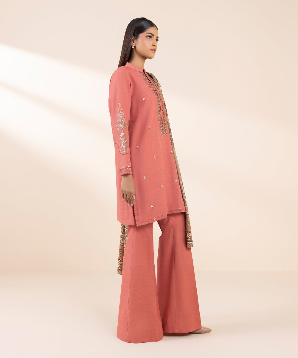 Women's Unstitched Khaddar Embroidered Pink 3 Piece Suit