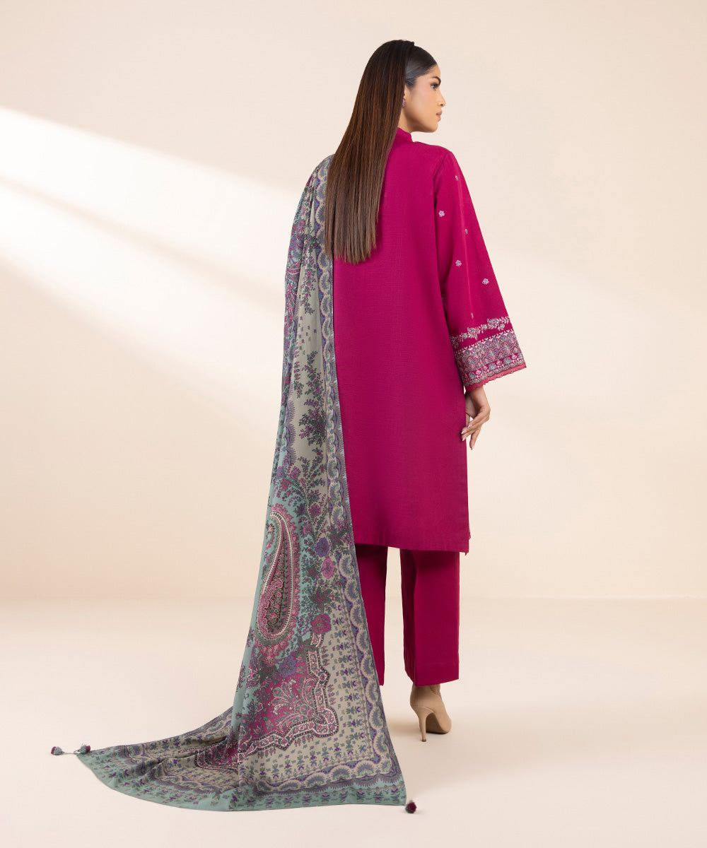 Women's Unstitched Khaddar Embroidered Pink 3 Piece Suit